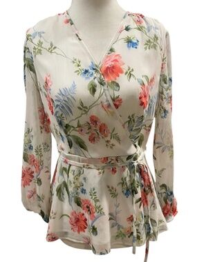 Ann Taylor Floral Wrap Look Long Sleeve Blouse
